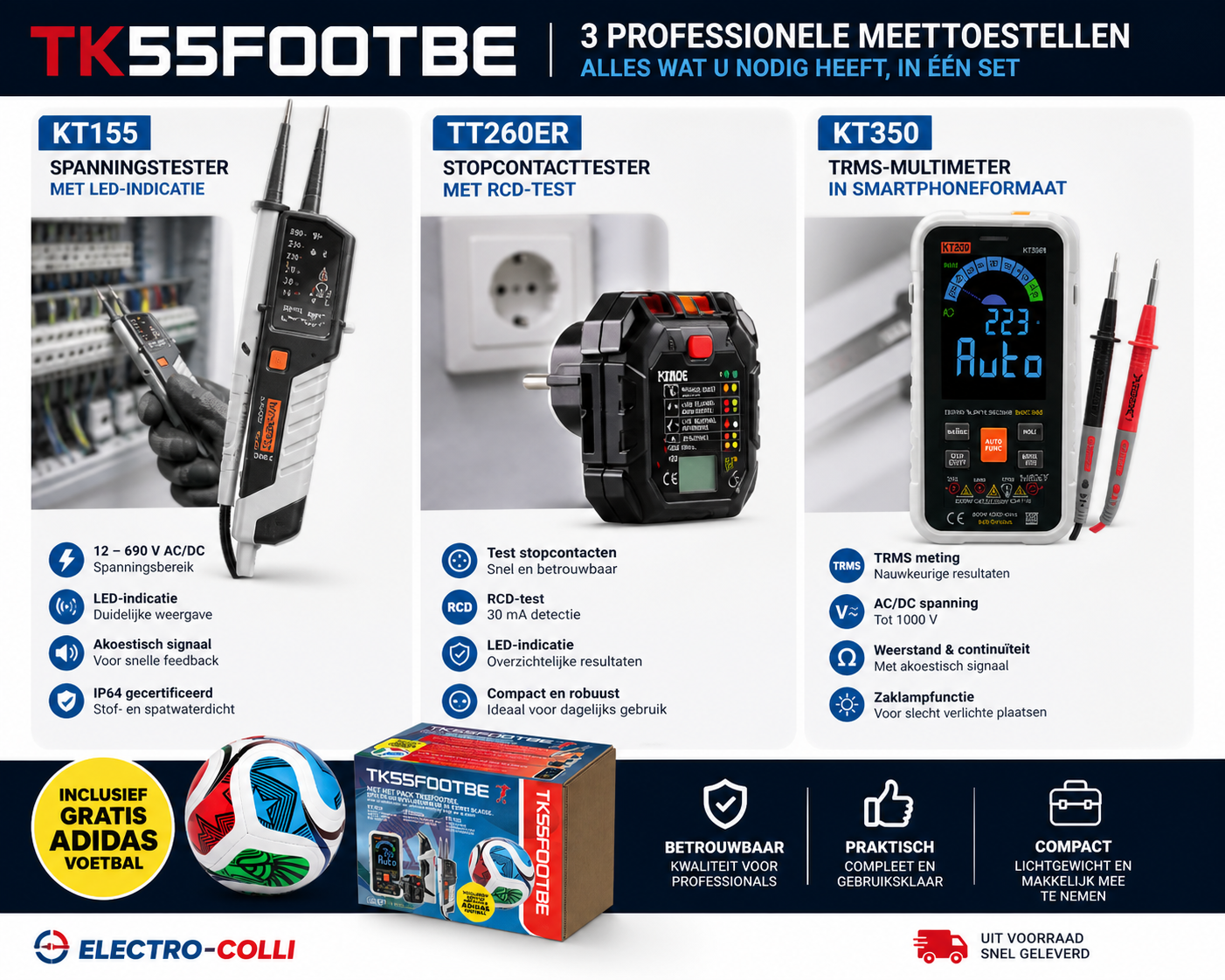 TK55FOOTBE meetset met spanningstester, stopcontacttester en TRMS multimeter inclusief Adidas voetbal