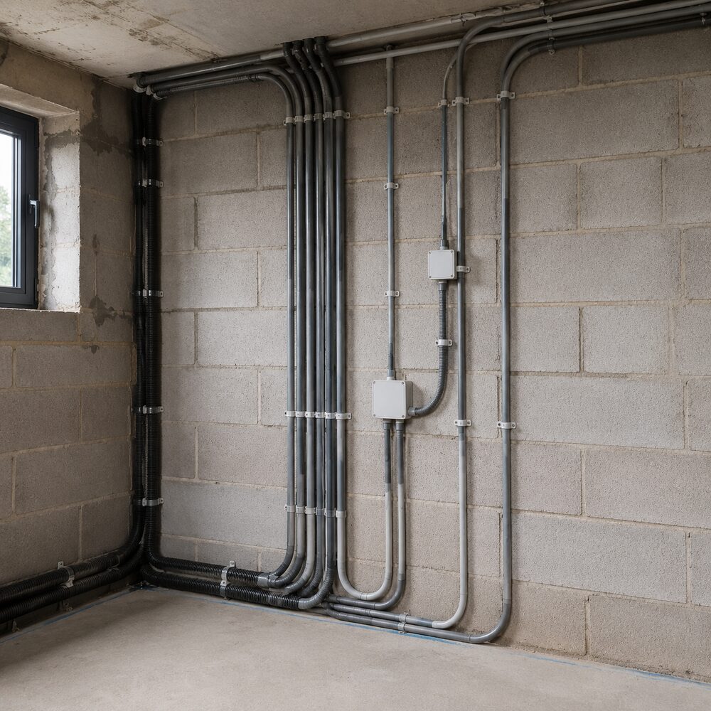 Installatiebuizen en kabelbescherming in een technische ruimte