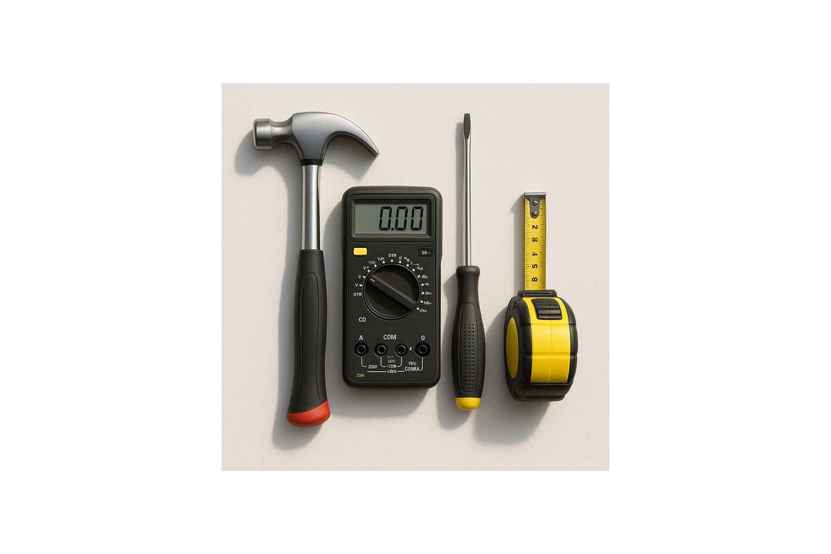 Set elektrotechnisch gereedschap met multimeter, hamer, schroevendraaier en rolmaat