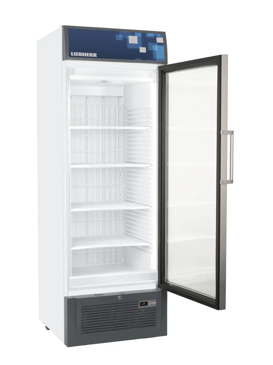 Liebherr FDv 4643 displayvrieskast met geopende glazen deur.