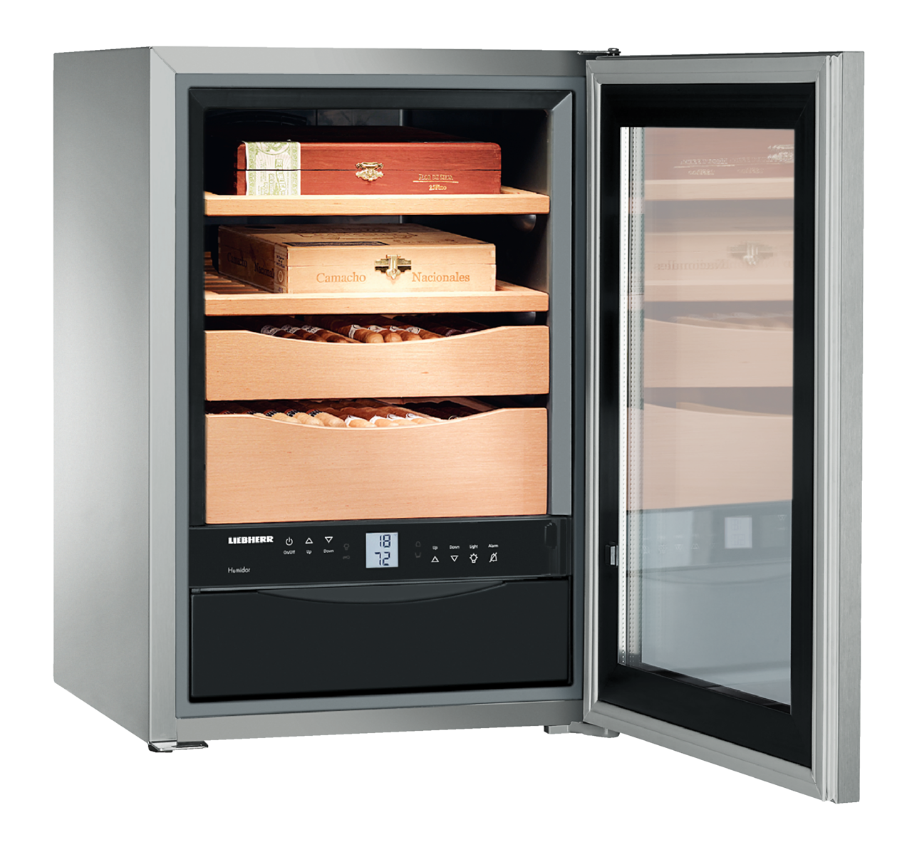 Liebherr ZKes 453 humidor met geopende glazen deur en houten laden.