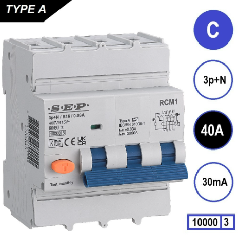 SEP - RCM1 Aardlekautom. 3p+n, C40, 30mA, 10kA, Type A - 3104682040