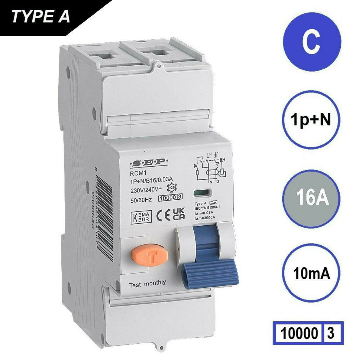 SEP - RCM1 Aardlekautom. 1p+n, C16, 10mA, 10kA, Type A - 3104552116