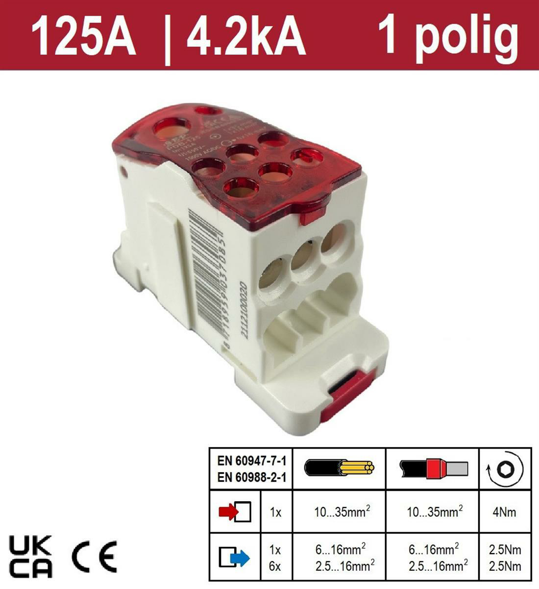SEP - Enkelpolig verdeelblok 160A (IN 1x70mm2 + 1x16mm2, OUT 6x16m - 2112100020