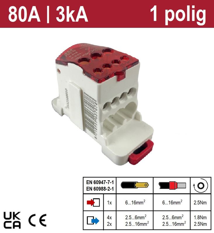 SEP - Enkelpolig verdeelblok 80A (IN 1x16mm2, OUT 4x6mm2 + 2x1 - 2112100010