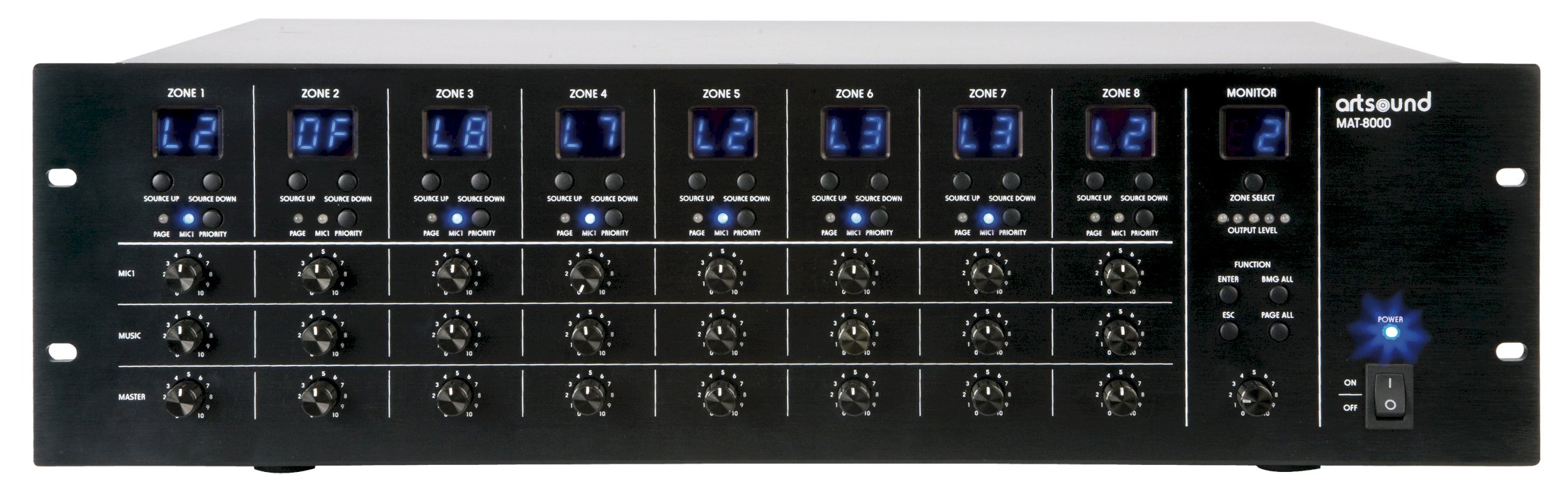 ArtSound - MAT 8000, 8x8 audio matrix + oproep, 70V/100V/4 16Ohm, 3U - 00007417