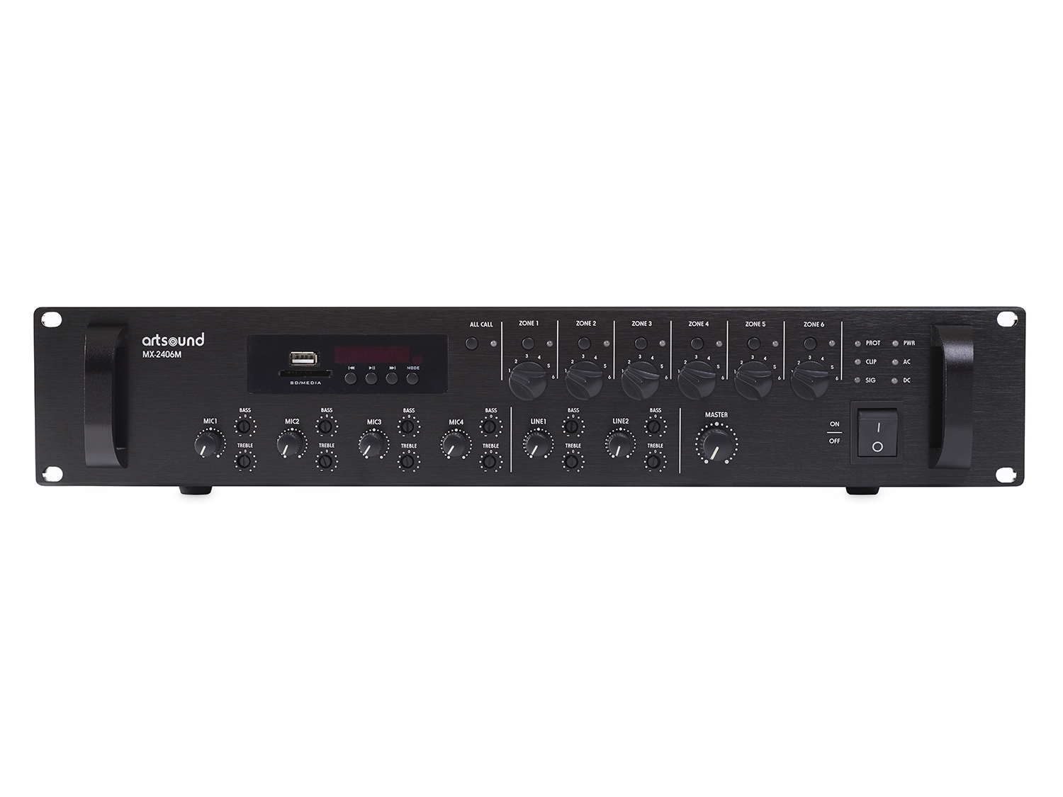 ArtSound - MX 2406M, 6 zone mengversterker, 100V, 3U, 240W - 00018619