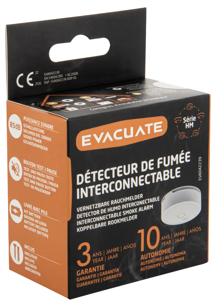 EVACUATE - INTERCONNECTABLE rookmelder, 3 jaar garantie, 10 jaar autono - EVA042239