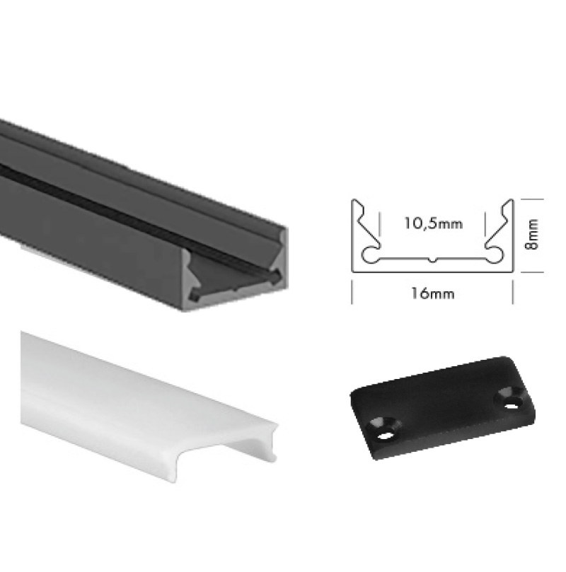 Unibright - Profiel S Line Low 200 cm zwart + cover opaal + 2 endcaps - SLL2MB