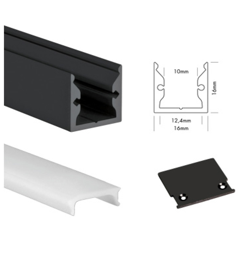 Unibright - Profiel S line Standard 200 cm zwart + cover opaal + 2 endca - SLS2MB