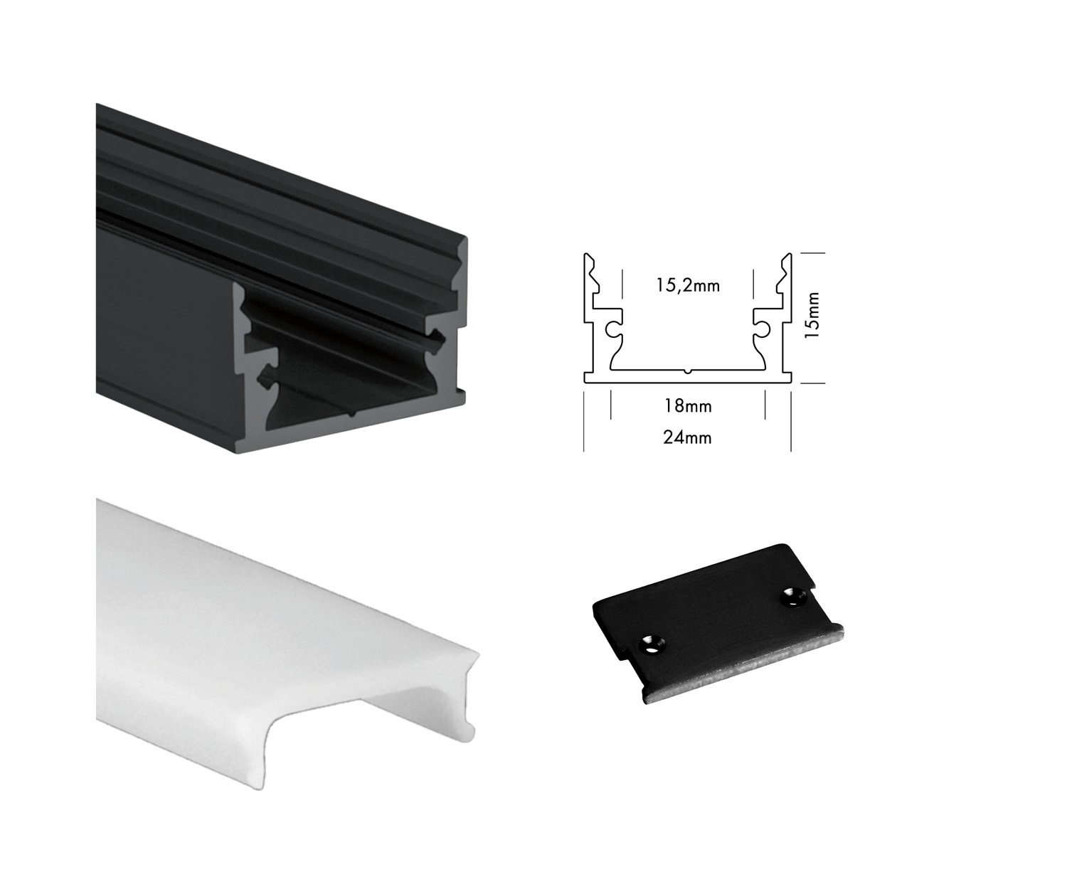 Unibright - Profiel M Line Low 300 cm zwart + cover opaal + 2 endcaps - MLL3MB
