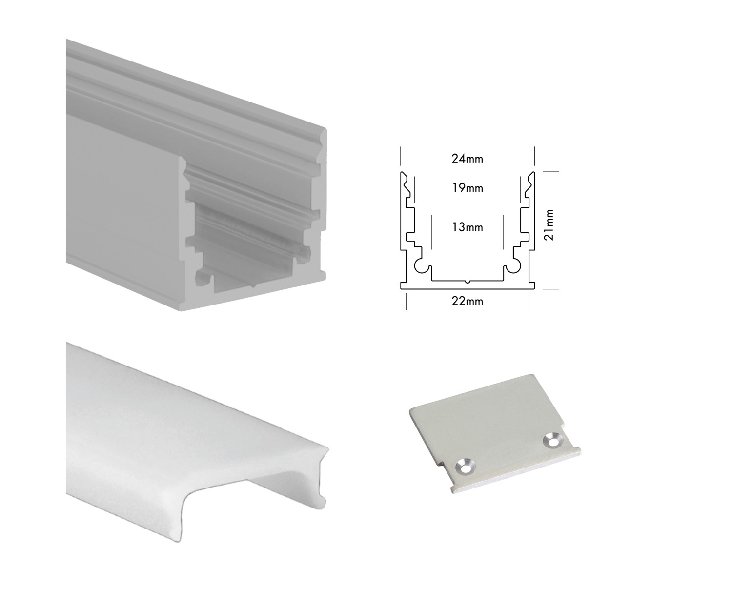 Unibright - Profiel M line Standard 200 cm alu + cover opaal + 2 endcaps - MLS2MA