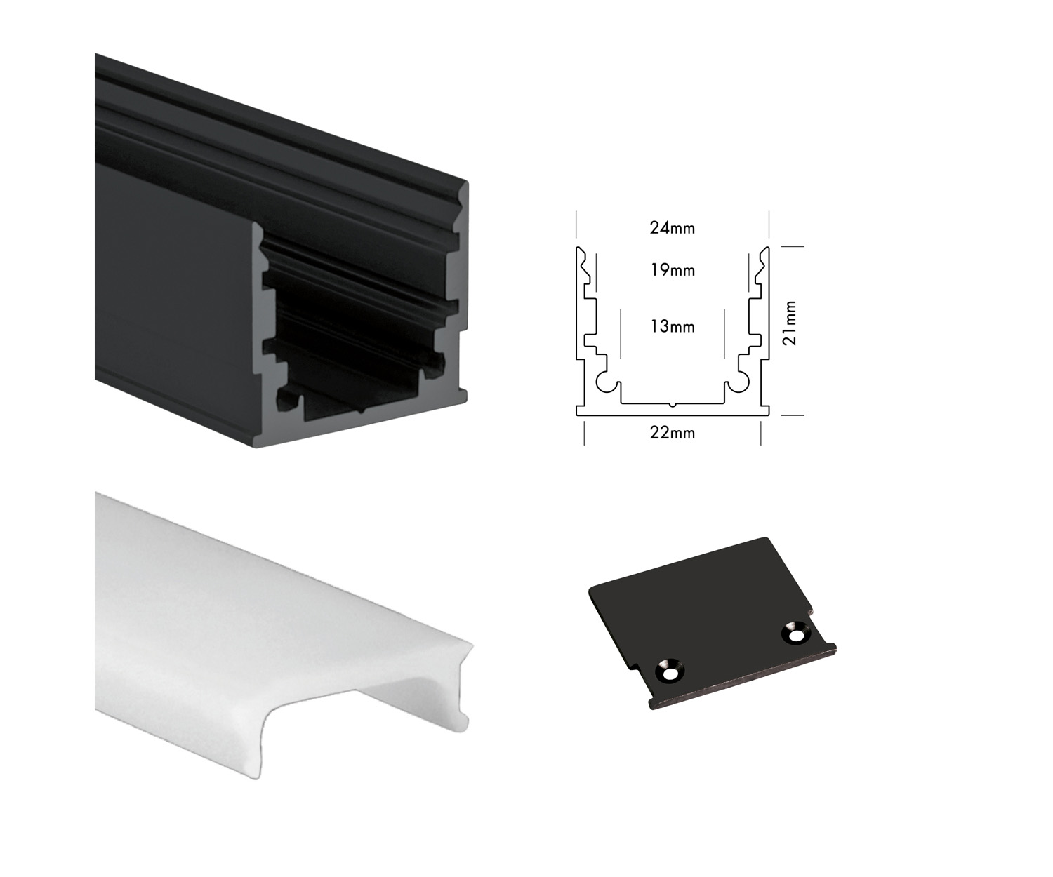 Unibright - Profiel M line Standard 200 cm zwart + cover opaal + 2 endca - MLS2MB