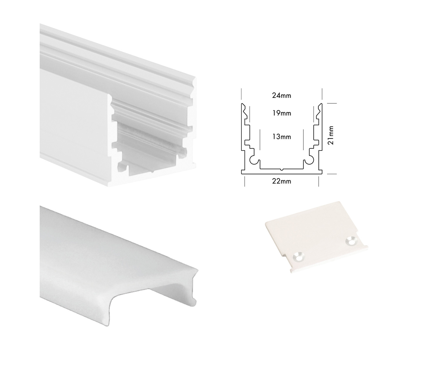 Unibright - Profiel M line Standard 200 cm wit + cover opaal + 2 endcaps - MLS2MW