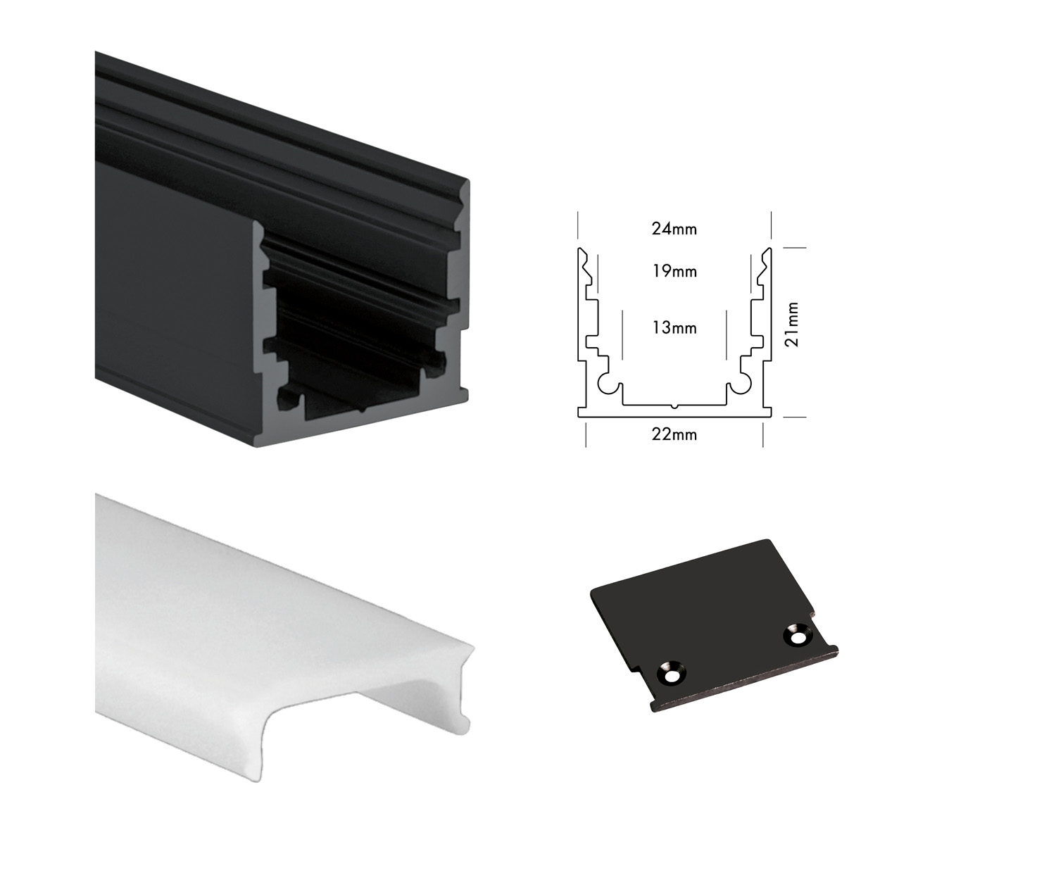 Unibright - Profiel M line Standard 300 cm zwart + cover opaal + 2 endca - MLS3MB