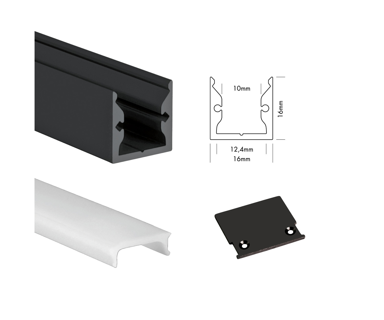 Unibright - Profiel S line Standard 300 cm zwart + cover opaal + 2 endca - SLS3MB