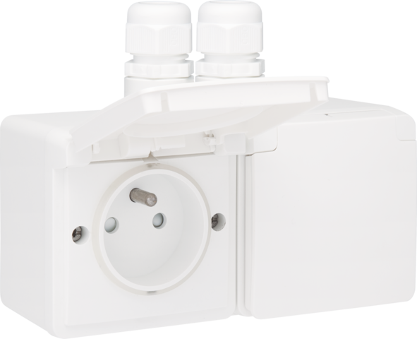 Niko - Spuitwaterdicht dubbel horizontaal stopcontact met penaarde, - 701-37754